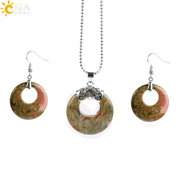 Women's Minimalist Natural Stone And Copper Jewelry Set Hollow Concentric Round Pendant Necklace And Earrings With Tiger Eye Crystal Accent
