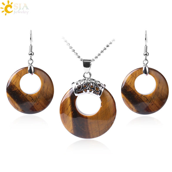 Women's Minimalist Natural Stone And Copper Jewelry Set Hollow Concentric Round Pendant Necklace And Earrings With Tiger Eye Crystal Accent