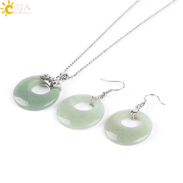 Women's Minimalist Natural Stone And Copper Jewelry Set Hollow Concentric Round Pendant Necklace And Earrings With Tiger Eye Crystal Accent