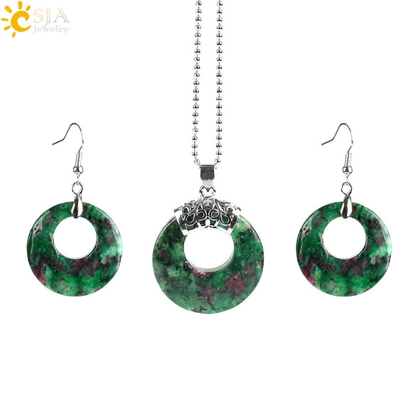 Women's Minimalist Natural Stone And Copper Jewelry Set Hollow Concentric Round Pendant Necklace And Earrings With Tiger Eye Crystal Accent