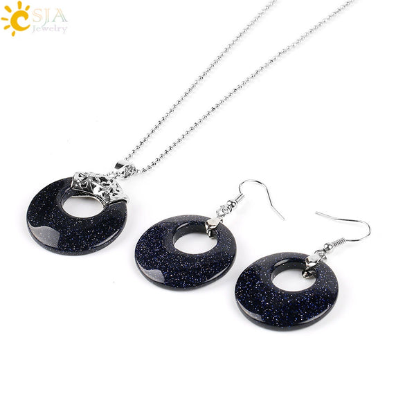 Women's Minimalist Natural Stone And Copper Jewelry Set Hollow Concentric Round Pendant Necklace And Earrings With Tiger Eye Crystal Accent