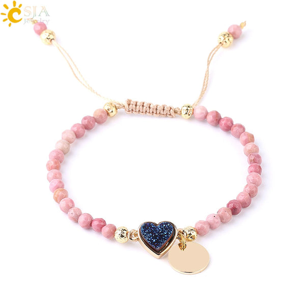 Women's Minimalist Natural Stone Beaded Woven Bracelet With Heart Pendant Adjustable Handmade Alloy Electroplated Jewelry
