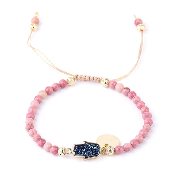Women's Minimalist Natural Stone Beaded Woven Bracelet With Heart Pendant Adjustable Handmade Alloy Electroplated Jewelry