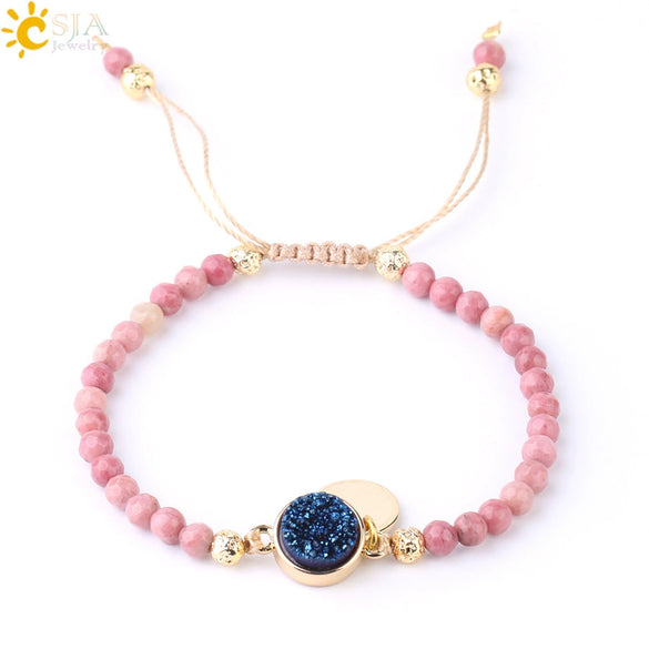 Women's Minimalist Natural Stone Beaded Woven Bracelet With Heart Pendant Adjustable Handmade Alloy Electroplated Jewelry