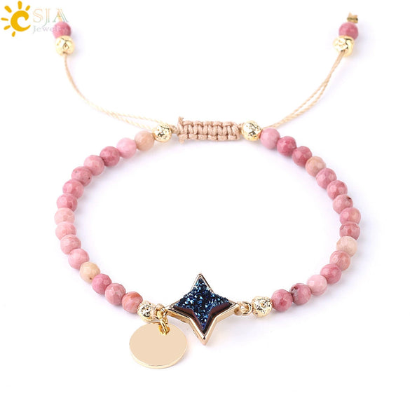 Women's Minimalist Natural Stone Beaded Woven Bracelet With Heart Pendant Adjustable Handmade Alloy Electroplated Jewelry