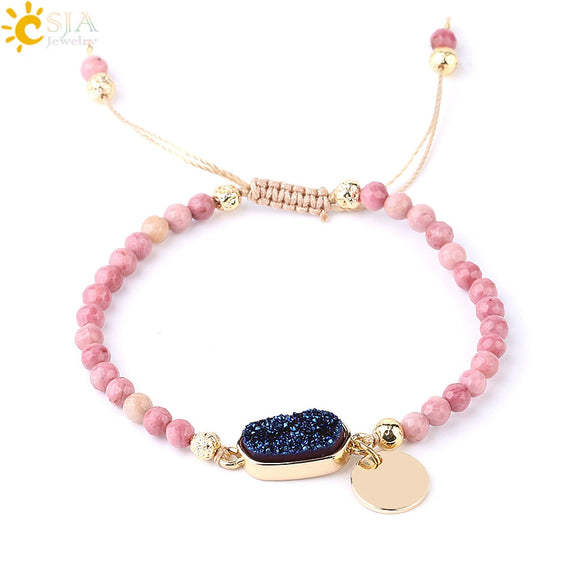 Women's Minimalist Natural Stone Beaded Woven Bracelet With Heart Pendant Adjustable Handmade Alloy Electroplated Jewelry