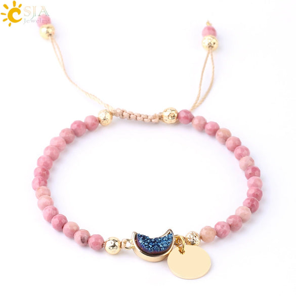 Women's Minimalist Natural Stone Beaded Woven Bracelet With Heart Pendant Adjustable Handmade Alloy Electroplated Jewelry