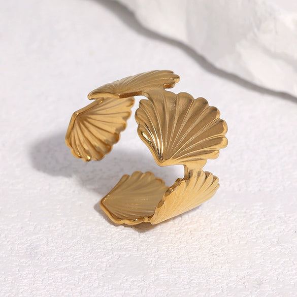 Women's Minimalist Open Shell Ring In Stainless Steel With Gold Tone Electroplated Finish And Simple Versatile Design