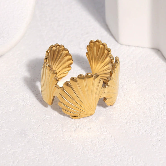 Women's Minimalist Open Shell Ring In Stainless Steel With Gold Tone Electroplated Finish And Simple Versatile Design