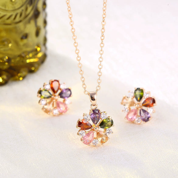 Women's Minimalist Plant Flowers Gold Plated Copper And Artificial Zircon Necklace And Earrings Set