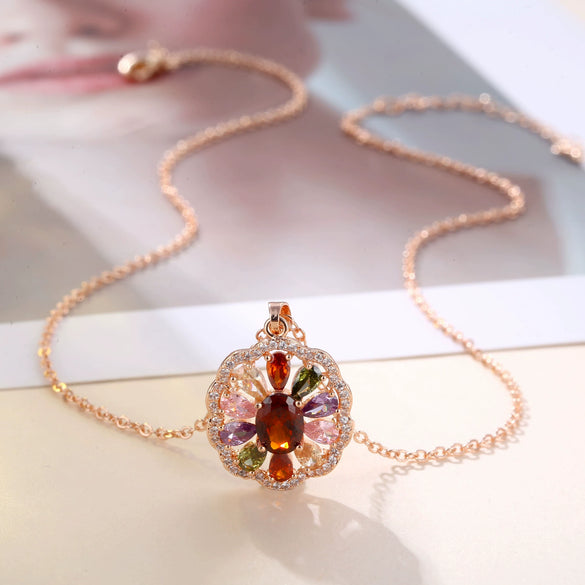 Women's Minimalist Rose Gold Color Flower Necklace With Zircon Inlay Copper Pendant And O Chain