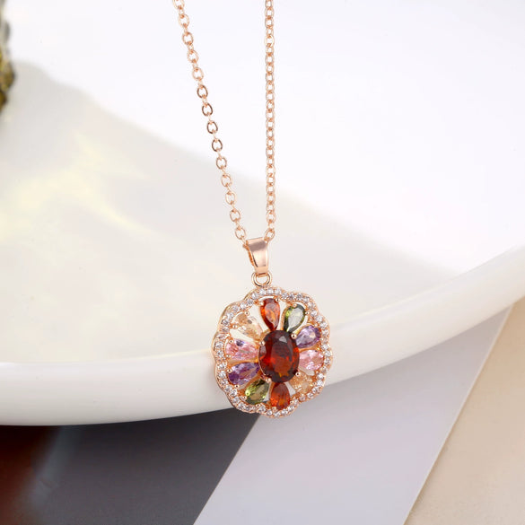 Women's Minimalist Rose Gold Color Flower Necklace With Zircon Inlay Copper Pendant And O Chain