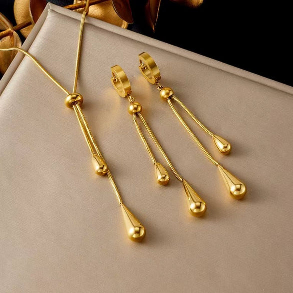 Women's Minimalist Stainless Steel And Titanium Steel Drop Shape Pendant Necklace And Earrings Twopiece Set With Electroplating And Bone Chain