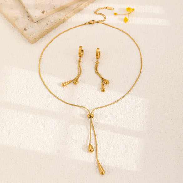 Women's Minimalist Stainless Steel And Titanium Steel Drop Shape Pendant Necklace And Earrings Twopiece Set With Electroplating And Bone Chain