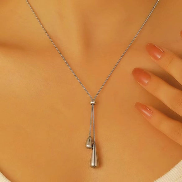 Women's Minimalist Stainless Steel And Titanium Steel Drop Shape Pendant Necklace And Earrings Twopiece Set With Electroplating And Bone Chain