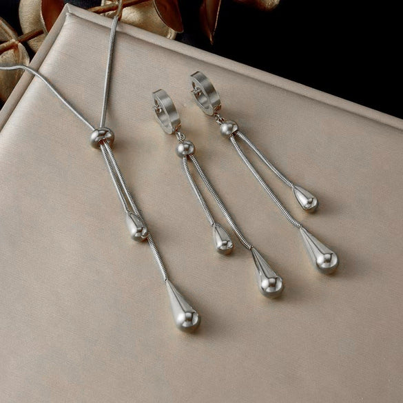 Women's Minimalist Stainless Steel And Titanium Steel Drop Shape Pendant Necklace And Earrings Twopiece Set With Electroplating And Bone Chain