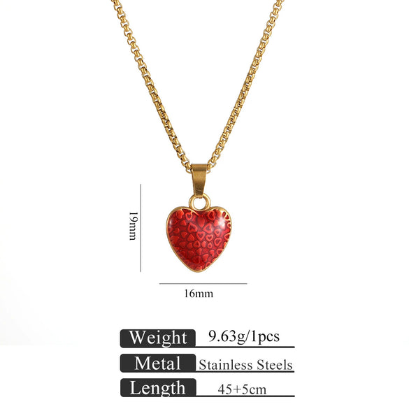 Women's Minimalist Stainless Steel And Titanium Steel Love Pendant Necklace With Snake Bone Chain And Heart Shape Dripping Oil Design