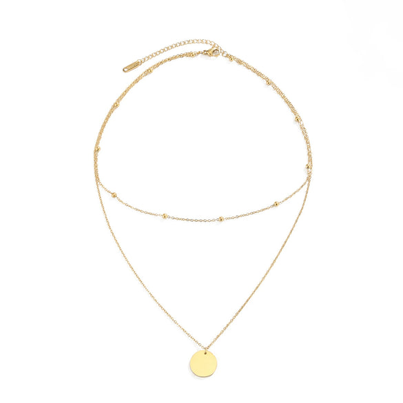 Women's Minimalist Stainless Steel Beaded Chain Necklace With Gold Plated Geometric Round Pendant Stackable Collarbone Jewelry