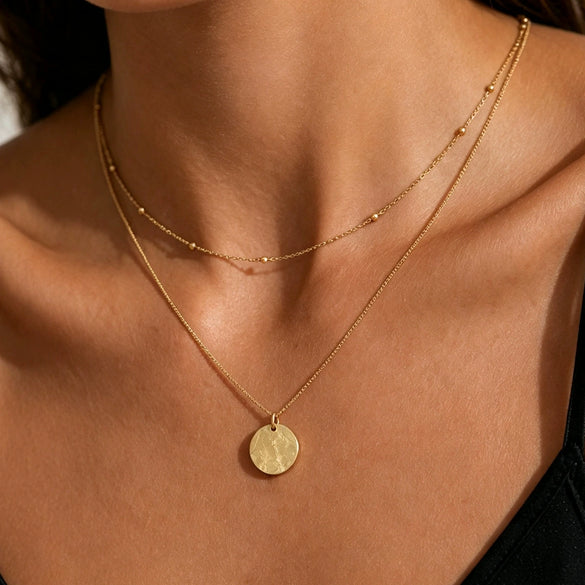 Women's Minimalist Stainless Steel Beaded Chain Necklace With Gold Plated Geometric Round Pendant Stackable Collarbone Jewelry