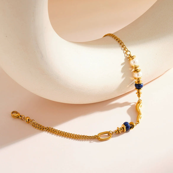 Women’s Minimalist Stainless Steel Bracelet With Pearls Natural Stones And Geometric 18K Vacuum Plated Fashion Jewelry