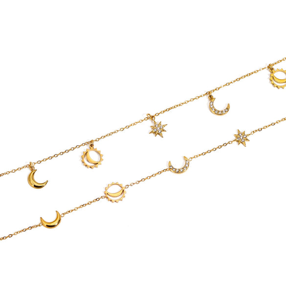 Women's Minimalist Stainless Steel Geometric Diamond Moon Star Tassel Pendant Bracelet With Electroplating