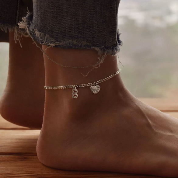 Women's Minimalist Stainless Steel Heart Shaped Letter Anklet With Heart Pendant Ankle Chain Foot Jewelry