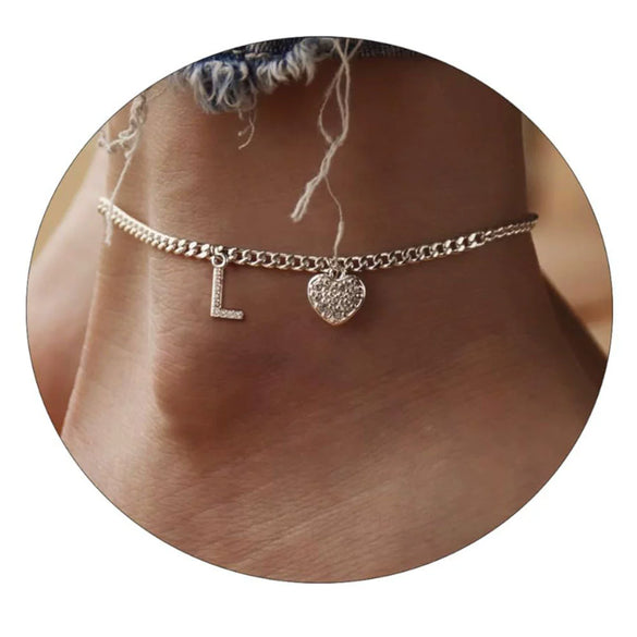 Women's Minimalist Stainless Steel Heart Shaped Letter Anklet With Heart Pendant Ankle Chain Foot Jewelry