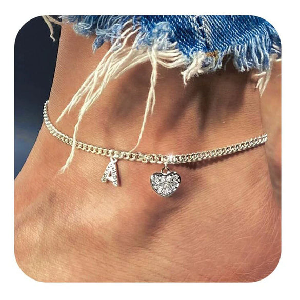 Women's Minimalist Stainless Steel Heart Shaped Letter Anklet With Heart Pendant Ankle Chain Foot Jewelry