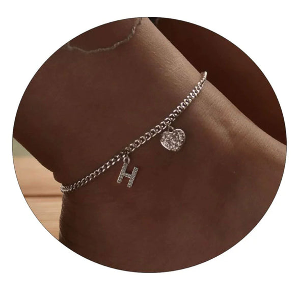 Women's Minimalist Stainless Steel Heart Shaped Letter Anklet With Heart Pendant Ankle Chain Foot Jewelry