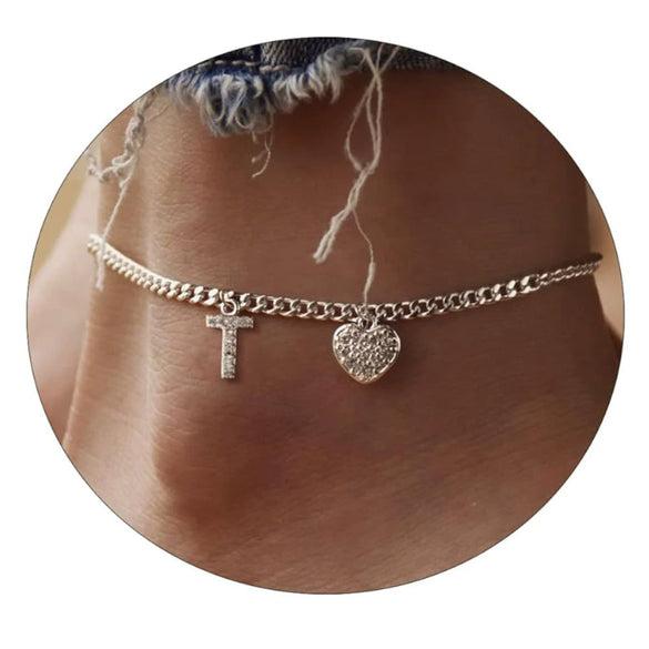 Women's Minimalist Stainless Steel Heart Shaped Letter Anklet With Heart Pendant Ankle Chain Foot Jewelry