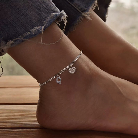 Women's Minimalist Stainless Steel Heart Shaped Letter Anklet With Heart Pendant Ankle Chain Foot Jewelry