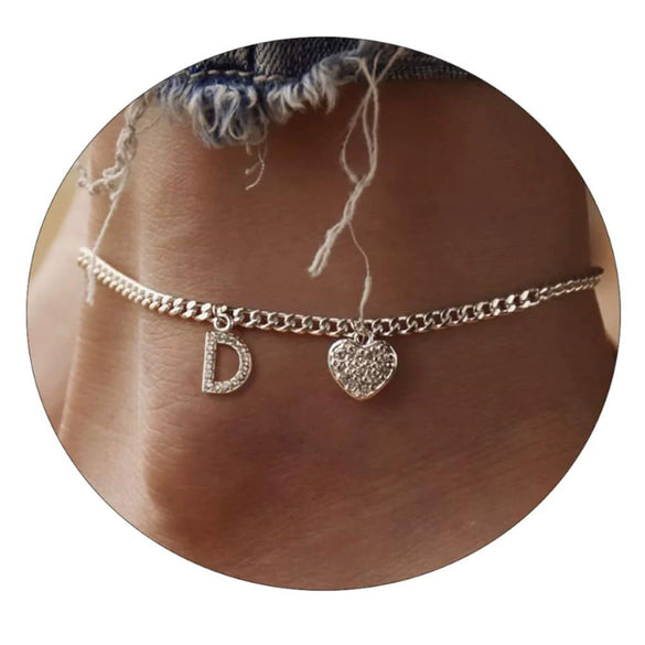 Women's Minimalist Stainless Steel Heart Shaped Letter Anklet With Heart Pendant Ankle Chain Foot Jewelry
