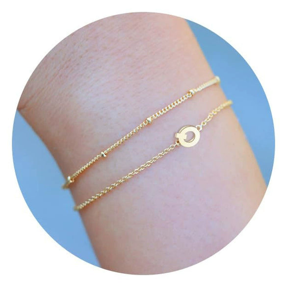Women's Minimalist Stainless Steel Layered Bracelet With Letter Pendant And Beaded Thin Chain Electroplated Simple Versatile Jewelry