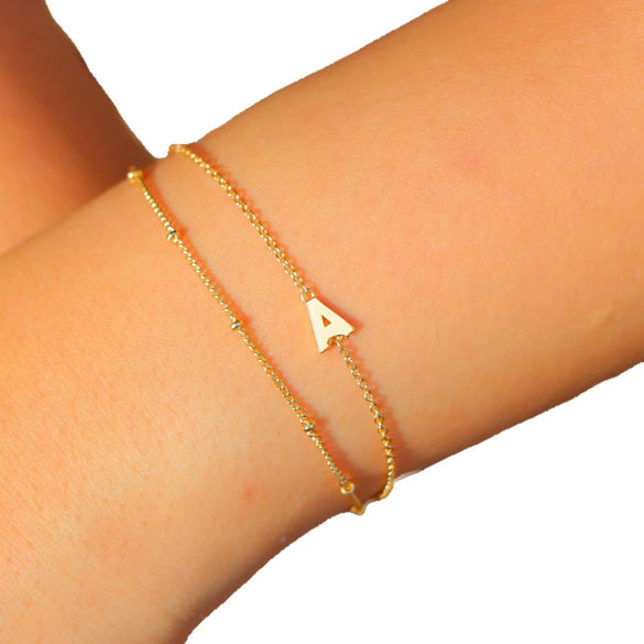 Women's Minimalist Stainless Steel Layered Bracelet With Letter Pendant And Beaded Thin Chain Electroplated Simple Versatile Jewelry