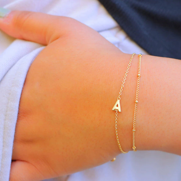 Women's Minimalist Stainless Steel Layered Bracelet With Letter Pendant And Beaded Thin Chain Electroplated Simple Versatile Jewelry