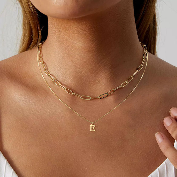 Women's Minimalist Stainless Steel Layered Letter Necklace With Box Chain And Electroplated Clavicle Chain Design