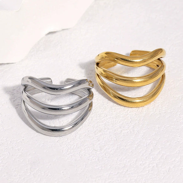 Women's Minimalist Stainless Steel Open Ring With Geometric Line Design And Gold Electroplated Finish