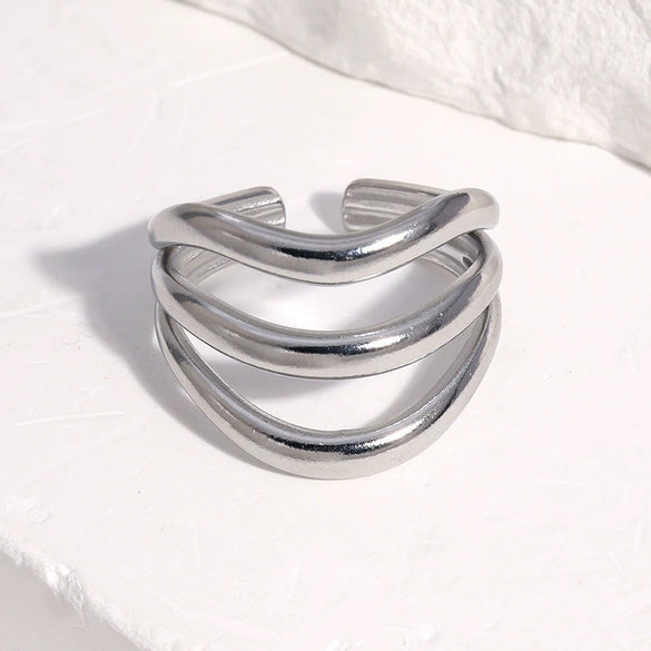 Women's Minimalist Stainless Steel Open Ring With Geometric Line Design And Gold Electroplated Finish