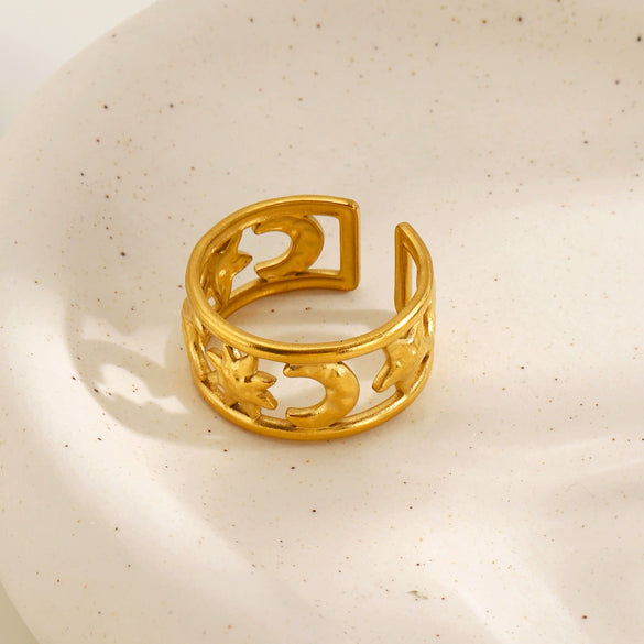 Women's Minimalist Stainless Steel Open Ring With Moon Pattern Hollow Out Double Layer Electroplated Gold Tone Design