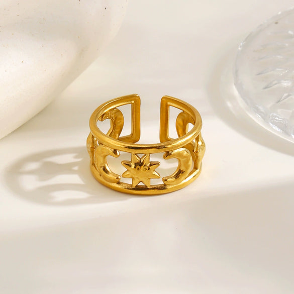 Women's Minimalist Stainless Steel Open Ring With Moon Pattern Hollow Out Double Layer Electroplated Gold Tone Design