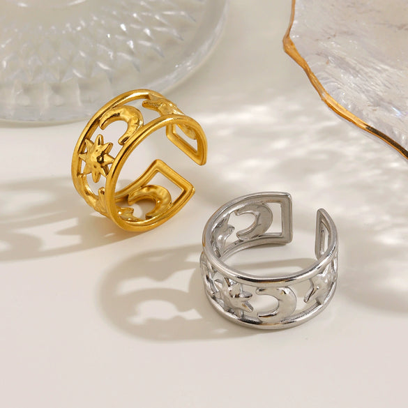 Women's Minimalist Stainless Steel Open Ring With Moon Pattern Hollow Out Double Layer Electroplated Gold Tone Design