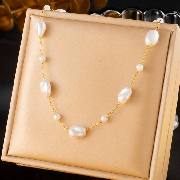 Women's Minimalist Stainless Steel Pearl Chain Accessories Necklace Bracelet With Electroplating