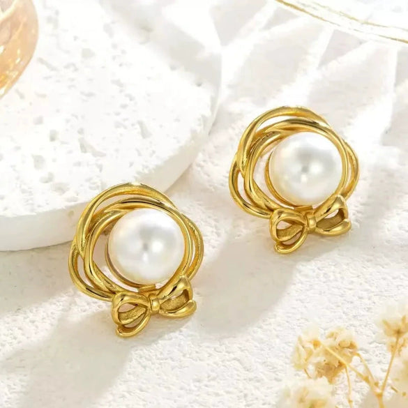 Women's Minimalist Stainless Steel Pearl Earrings With Irregular Geometric Shape And Electroplated Retro Style