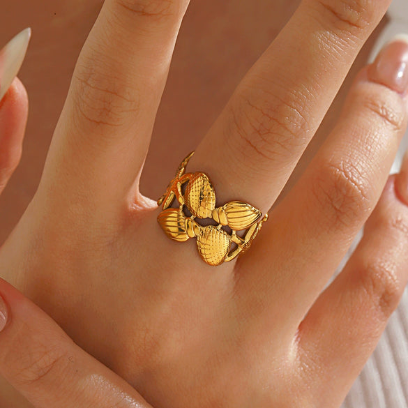 Women's Minimalist Stainless Steel Shell And Starfish Ring With Electroplated Finish Ocean Inspired Fashion Jewelry