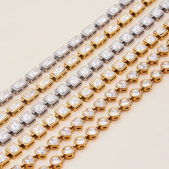 Women's Minimalist Stainless Steel Square Geometric Pattern Watch With Tennis Chain Bracelet And White Zircon 18K Gold Electroplated