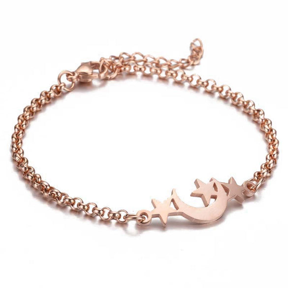 Women's Minimalist Star And Moon Bracelet In Stainless Steel With Gold Inlay Detail
