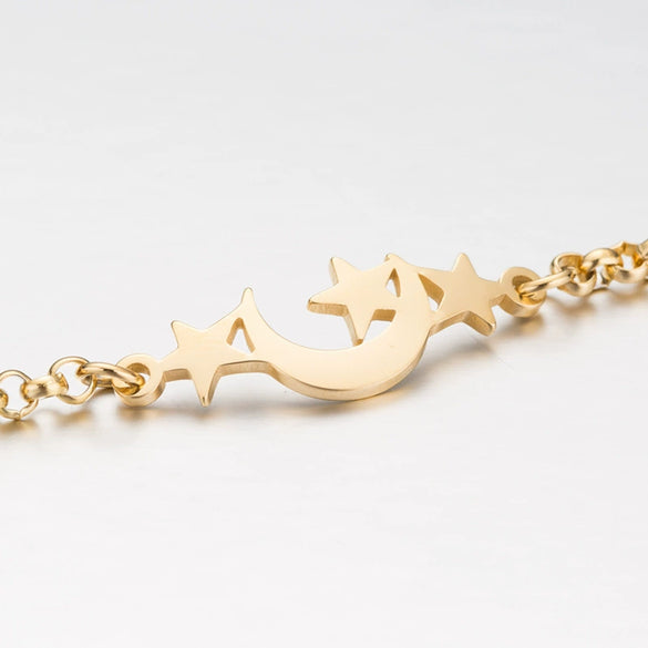 Women's Minimalist Star And Moon Bracelet In Stainless Steel With Gold Inlay Detail