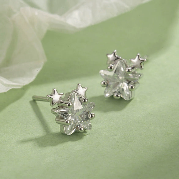 Women's Minimalist Star Earrings In S Silver With Zircon Inlay Fine Craftsmanship Elegant Versatile Pierced Ear Stud Earrings
