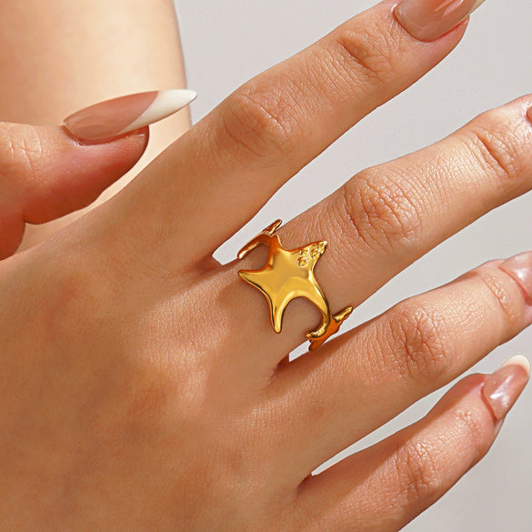 Women's Minimalist Starfish Open Ring In Gold Tone Stainless Steel With Electroplated Finish