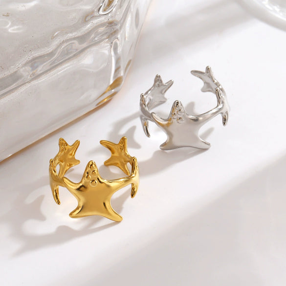 Women's Minimalist Starfish Open Ring In Gold Tone Stainless Steel With Electroplated Finish